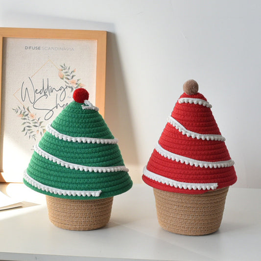 Christmas Tree-Themed Cotton Rope Woven Basket with Lid