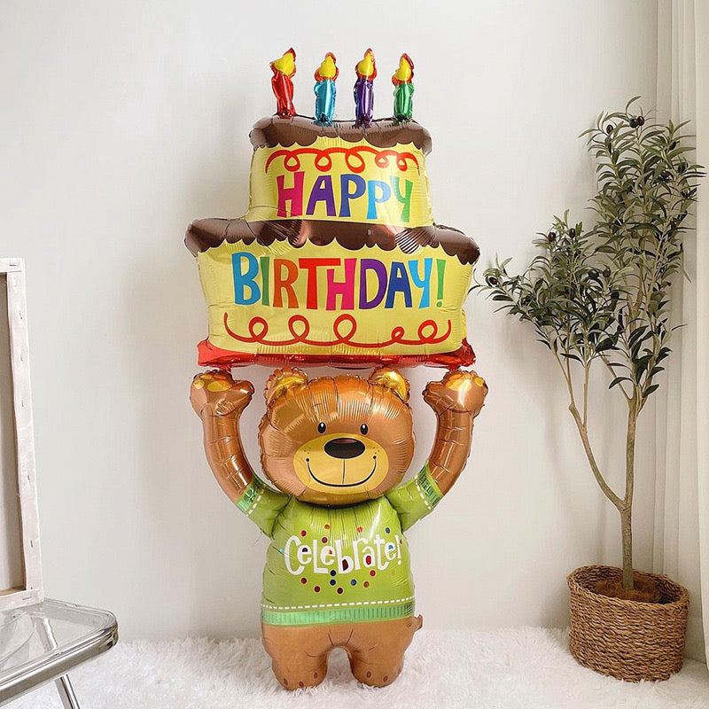 Large Cartoon Bear Holding Cake Foil Balloon