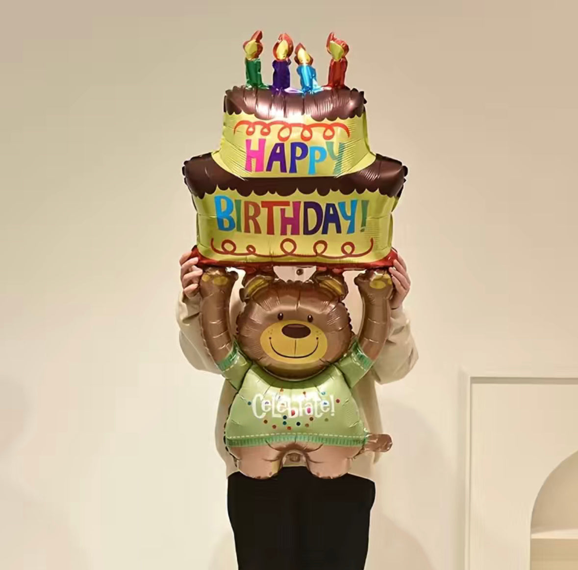 Large Cartoon Bear Holding Cake Foil Balloon