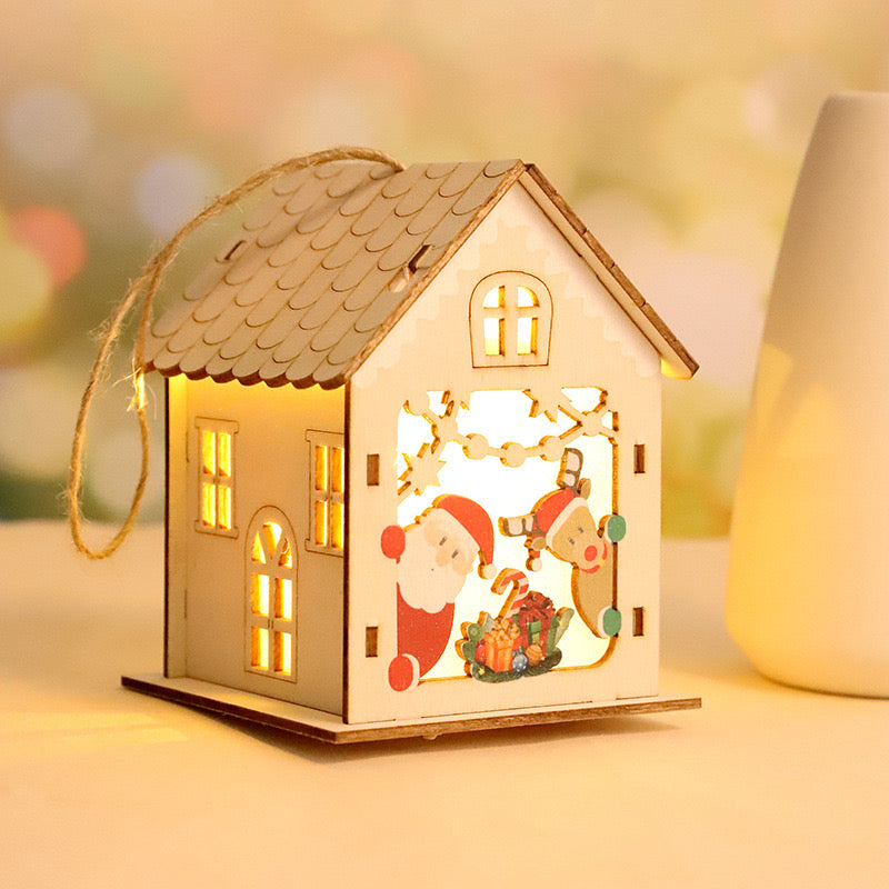 Christmas Wooden Crafts Wooden Christmas House Cabin Lighting Ornaments Pendant Christmas Tree Decoration