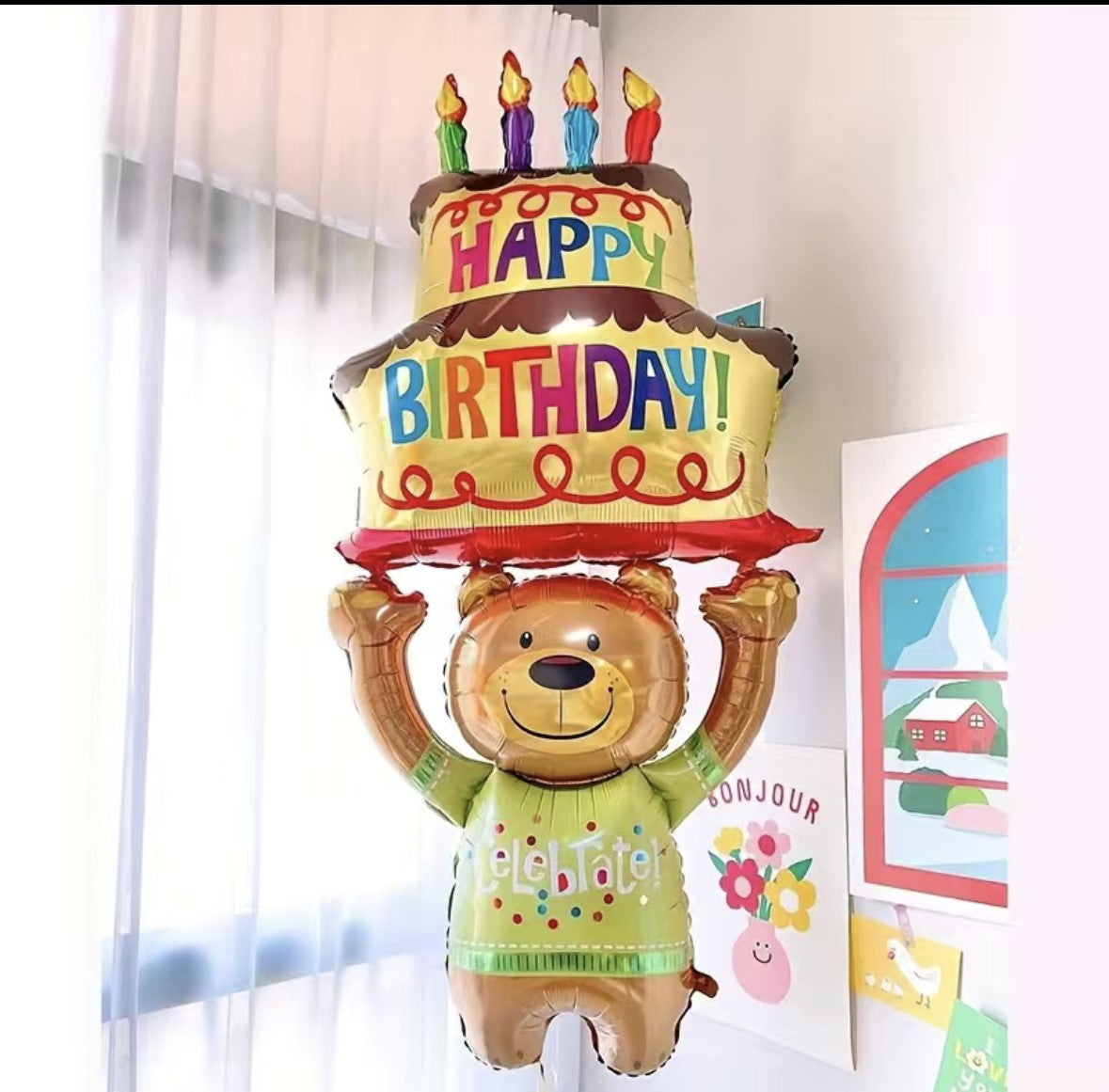 Large Cartoon Bear Holding Cake Foil Balloon