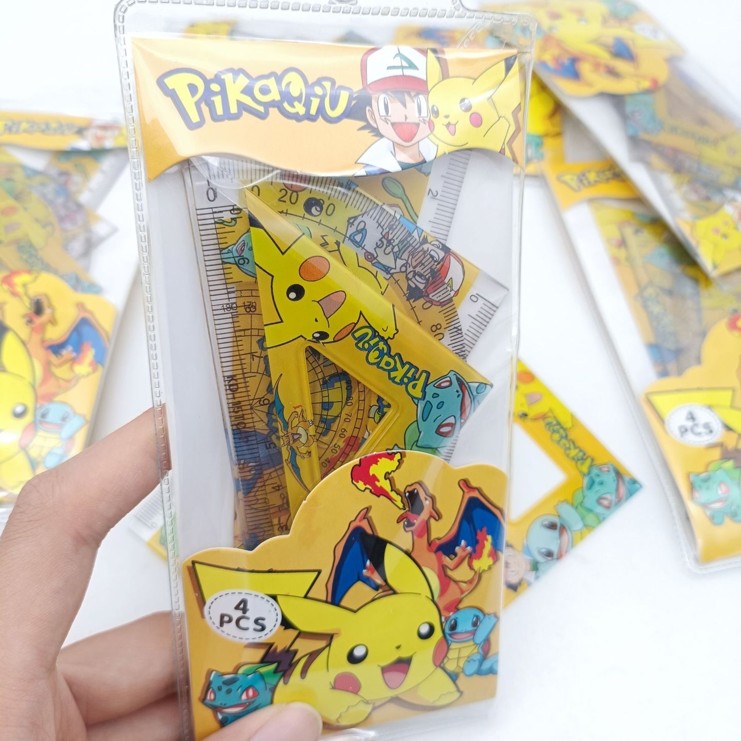 Cartoon 4pcs Geometry Set - Plastic Rulers for Drawing, Math & Office Supplies,pokemon ,spiderman, unicorn