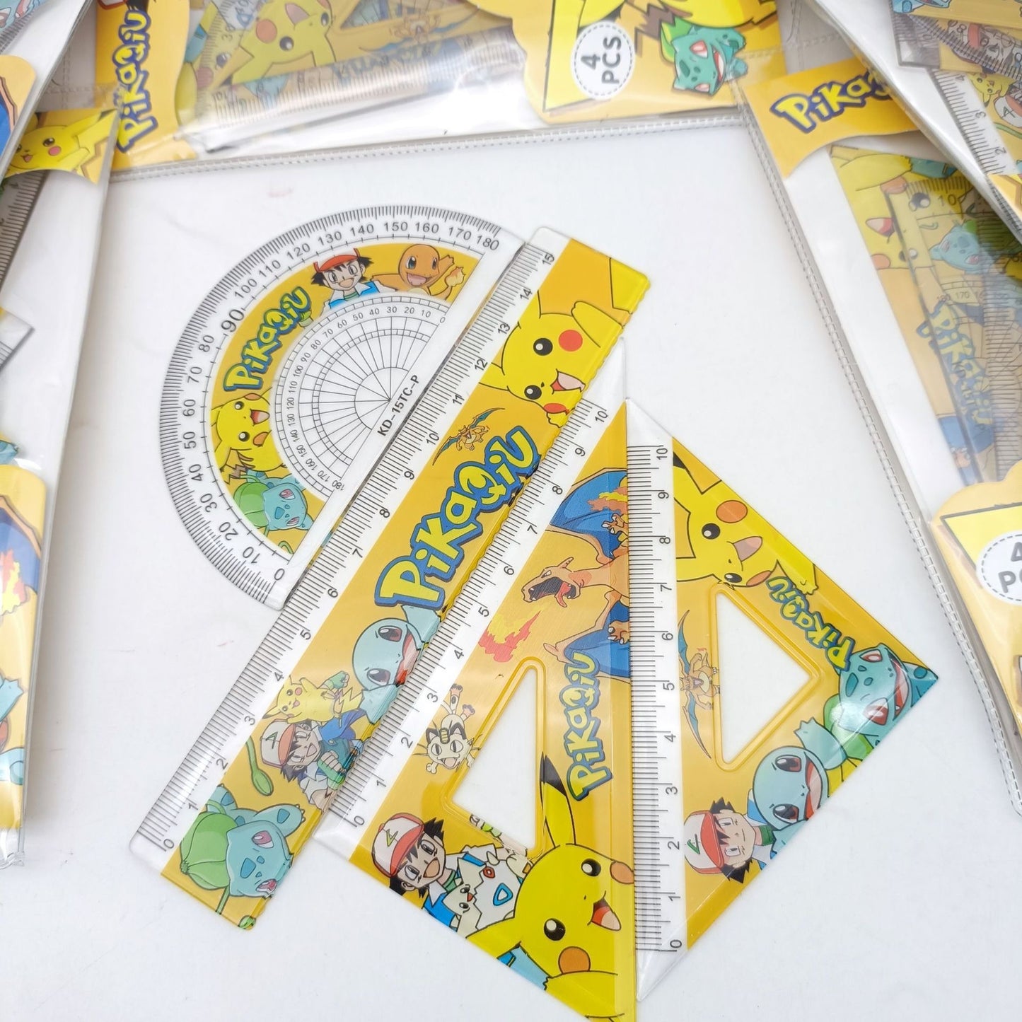 Cartoon 4pcs Geometry Set - Plastic Rulers for Drawing, Math & Office Supplies,pokemon ,spiderman, unicorn