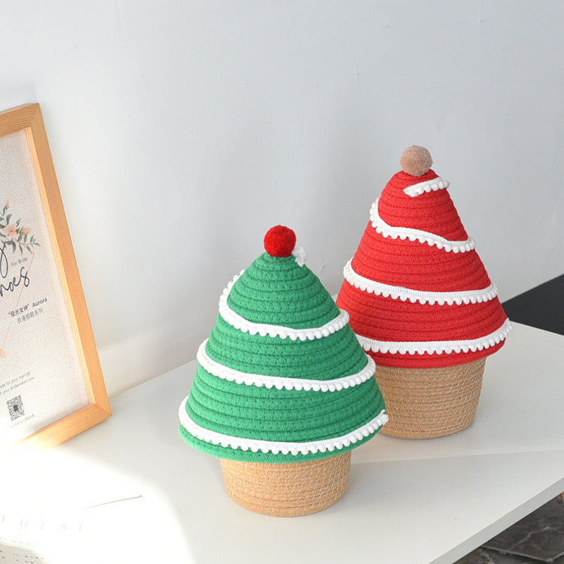 Christmas Tree-Themed Cotton Rope Woven Basket with Lid