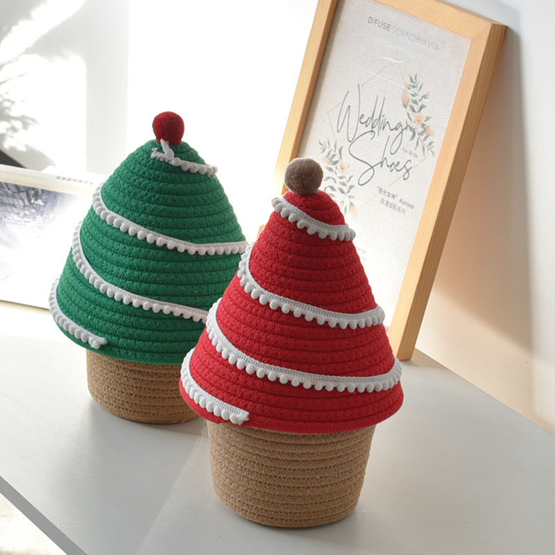 Christmas Tree-Themed Cotton Rope Woven Basket with Lid