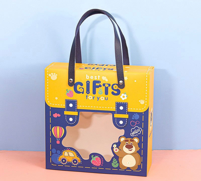 Teddy bears and bunnies carrying gift box gift bag with clear window