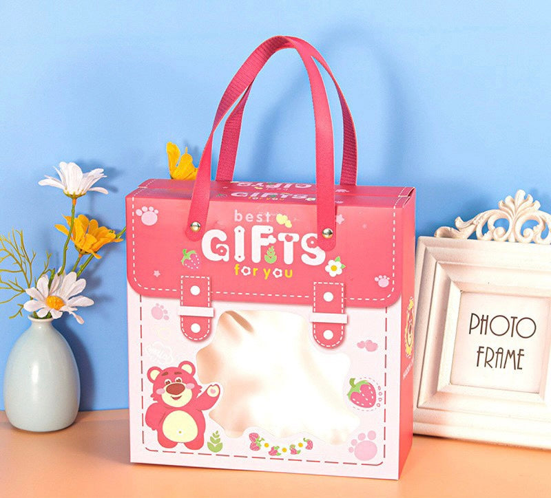 Teddy bears and bunnies carrying gift box gift bag with clear window